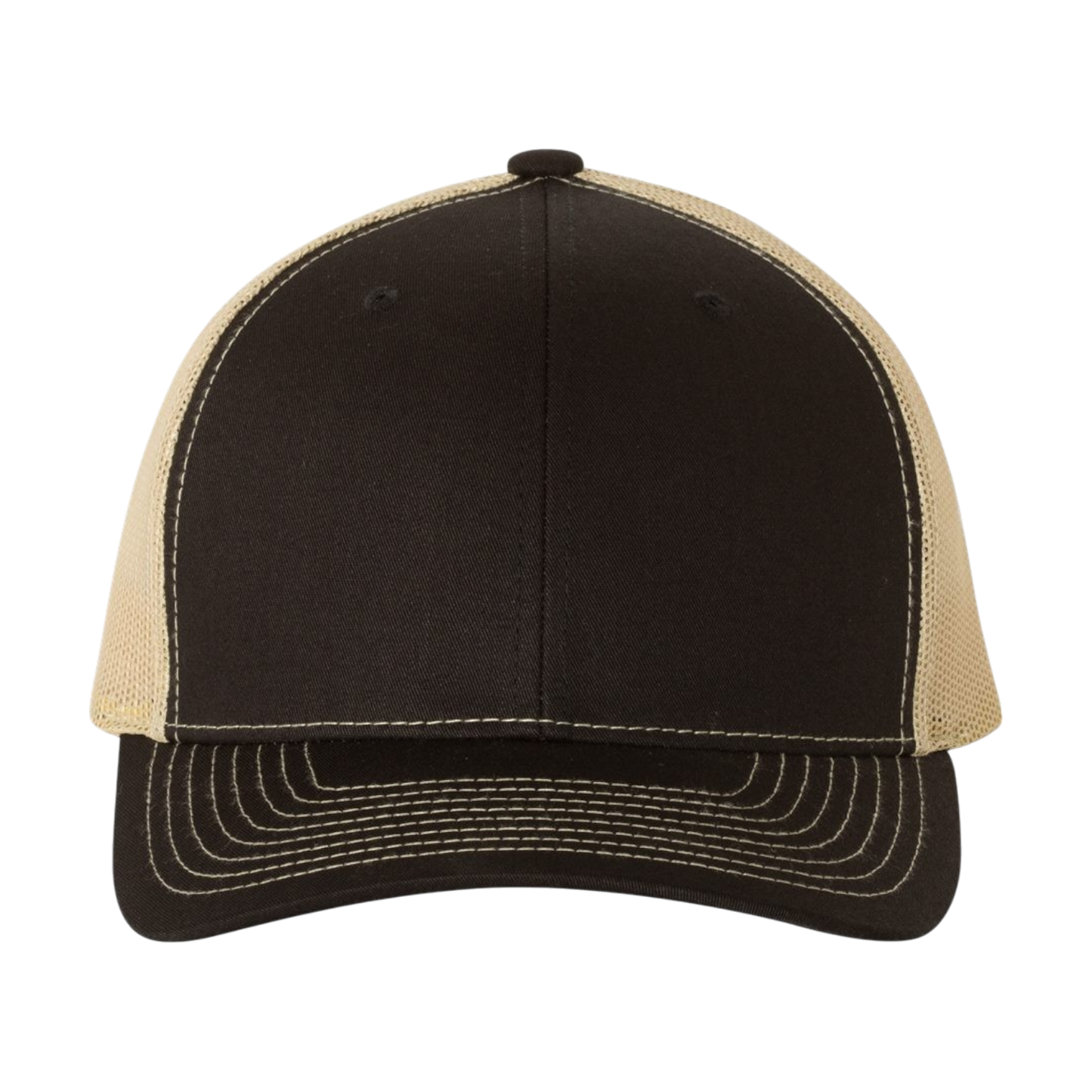 Front view of Richardson 112 Full Color Patch Trucker cap in black and khaki, perfect for custom branding and gifts.