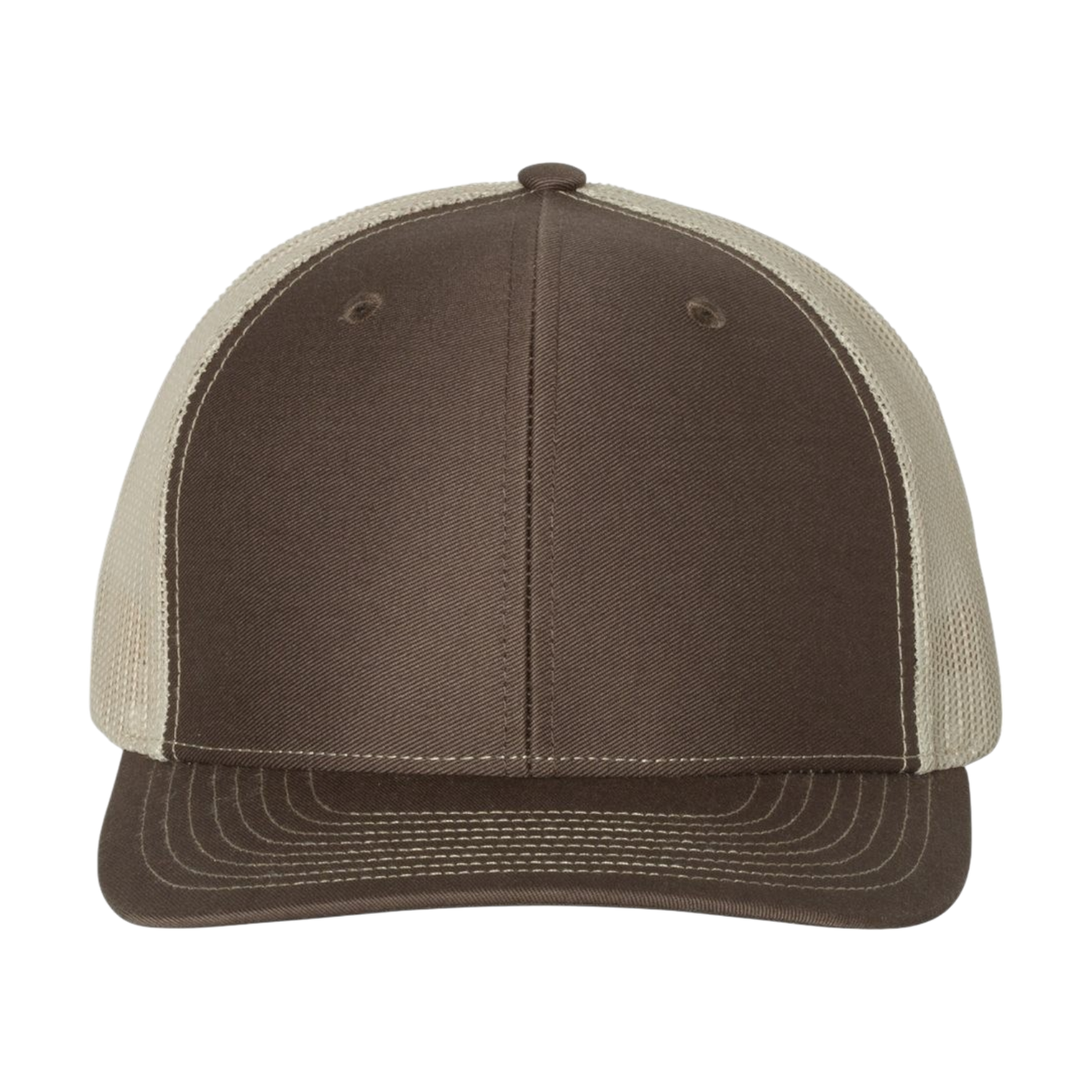 Brown Richardson 112 Full Color Patch Trucker Cap with mesh sides, perfect for customization and gifts.