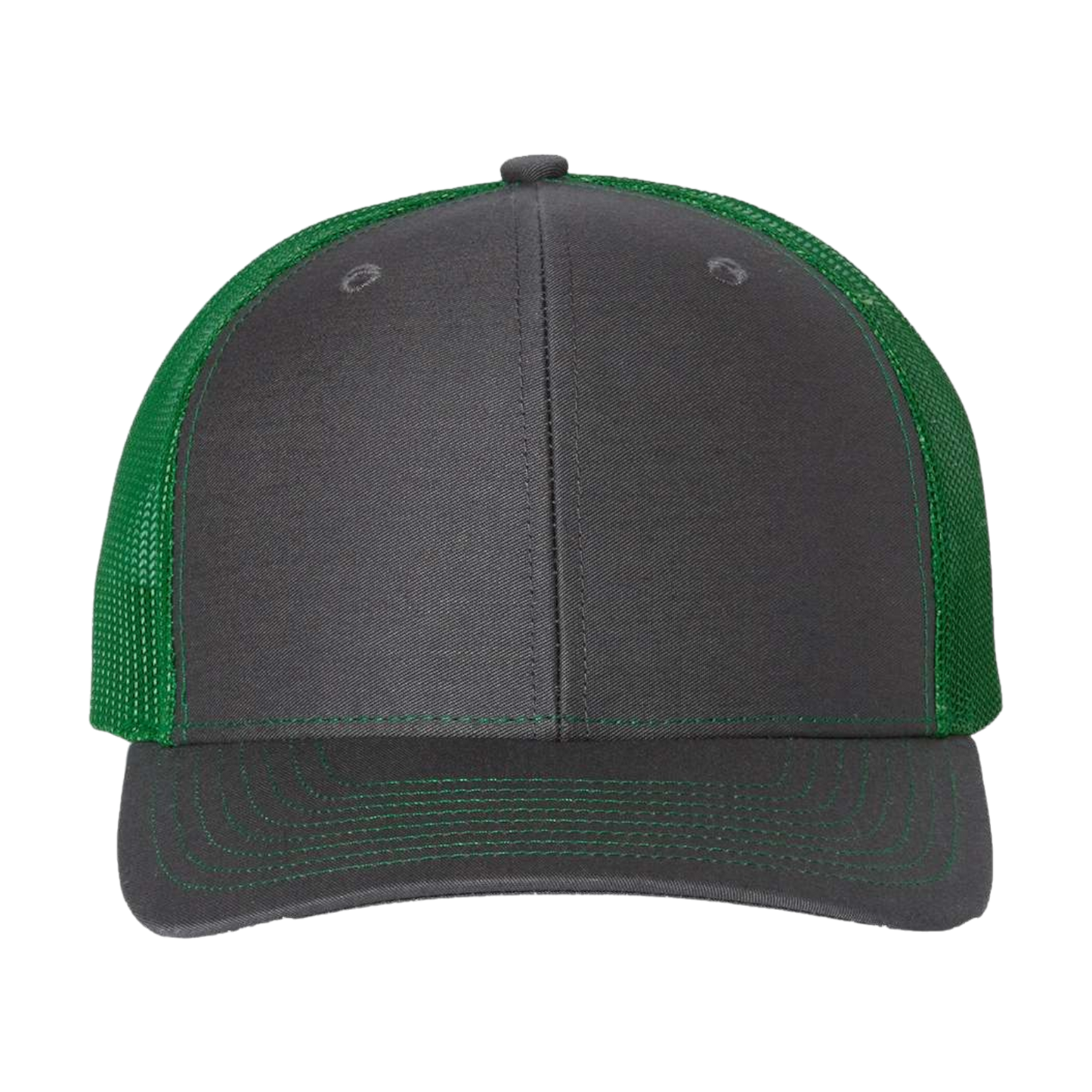 Richardson 112 Full Color Patch Trucker Cap in dark gray with green mesh, perfect for casual wear or custom branding.
