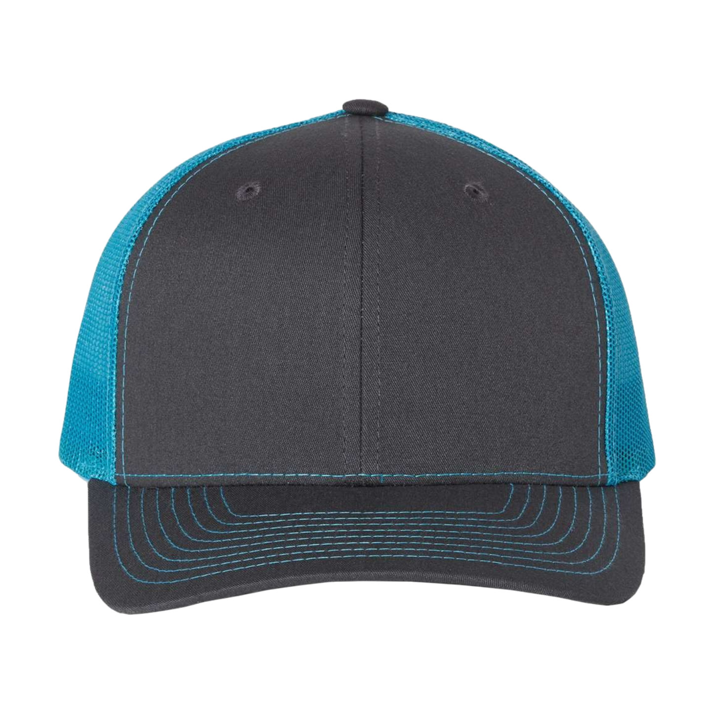 Richardson 112 Full Color Patch Trucker Cap with blue mesh and gray fabric, perfect for branding and special gifts.