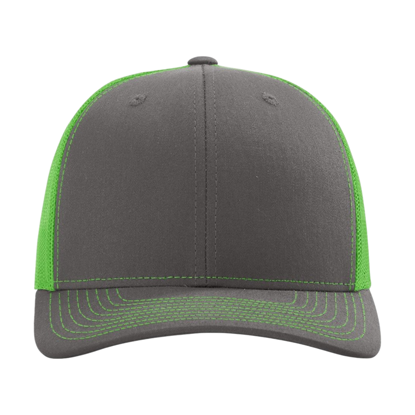Gray trucker cap with bright green mesh sides and stitching, perfect for customization and gifts.