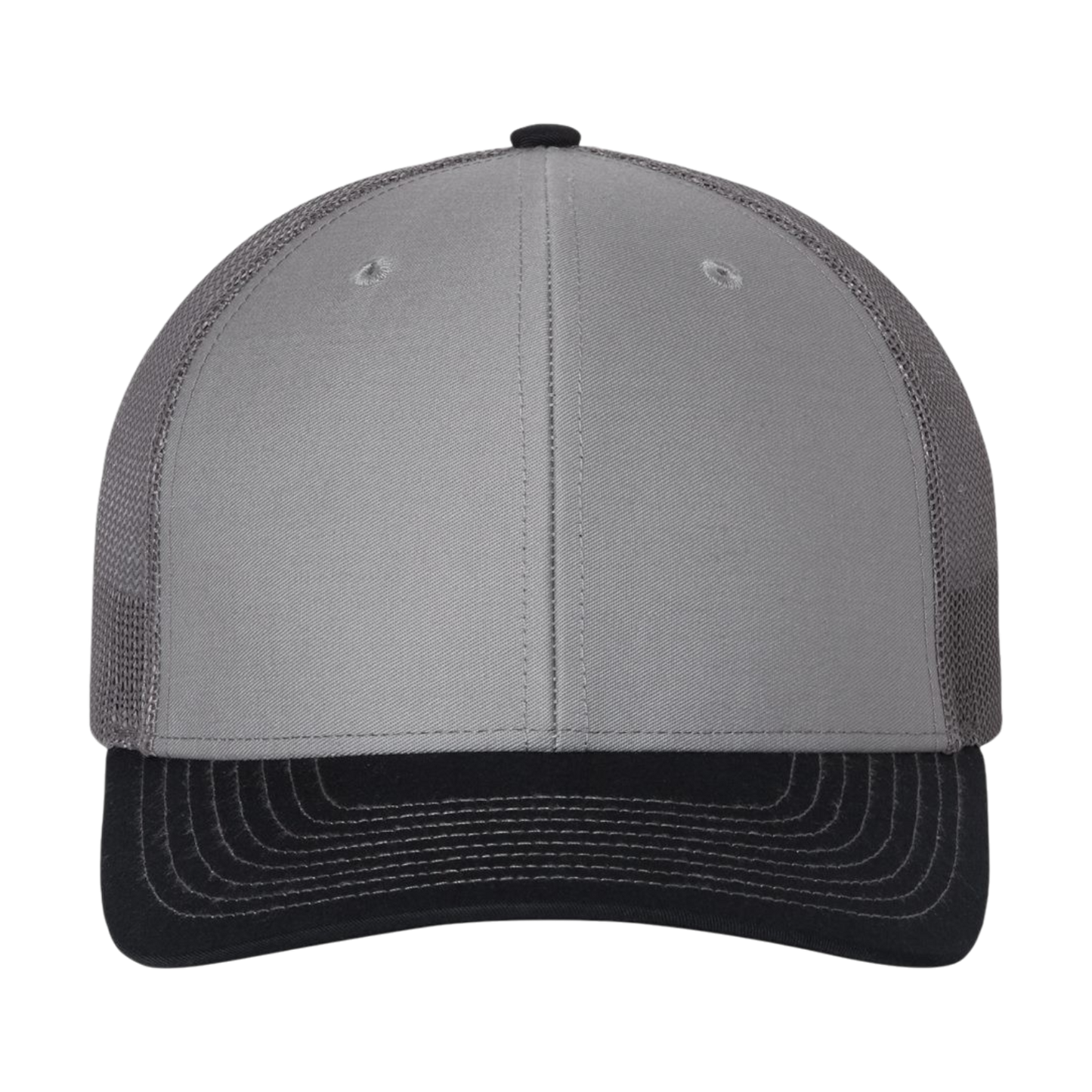 Gray and black Richardson 112 Full Color Patch Trucker Cap, ideal for custom branding and outdoor activities.