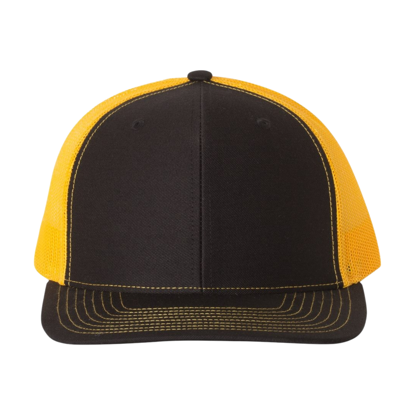 Black and yellow Richardson 112 Trucker cap with mesh sides, perfect for customization and outdoor activities.