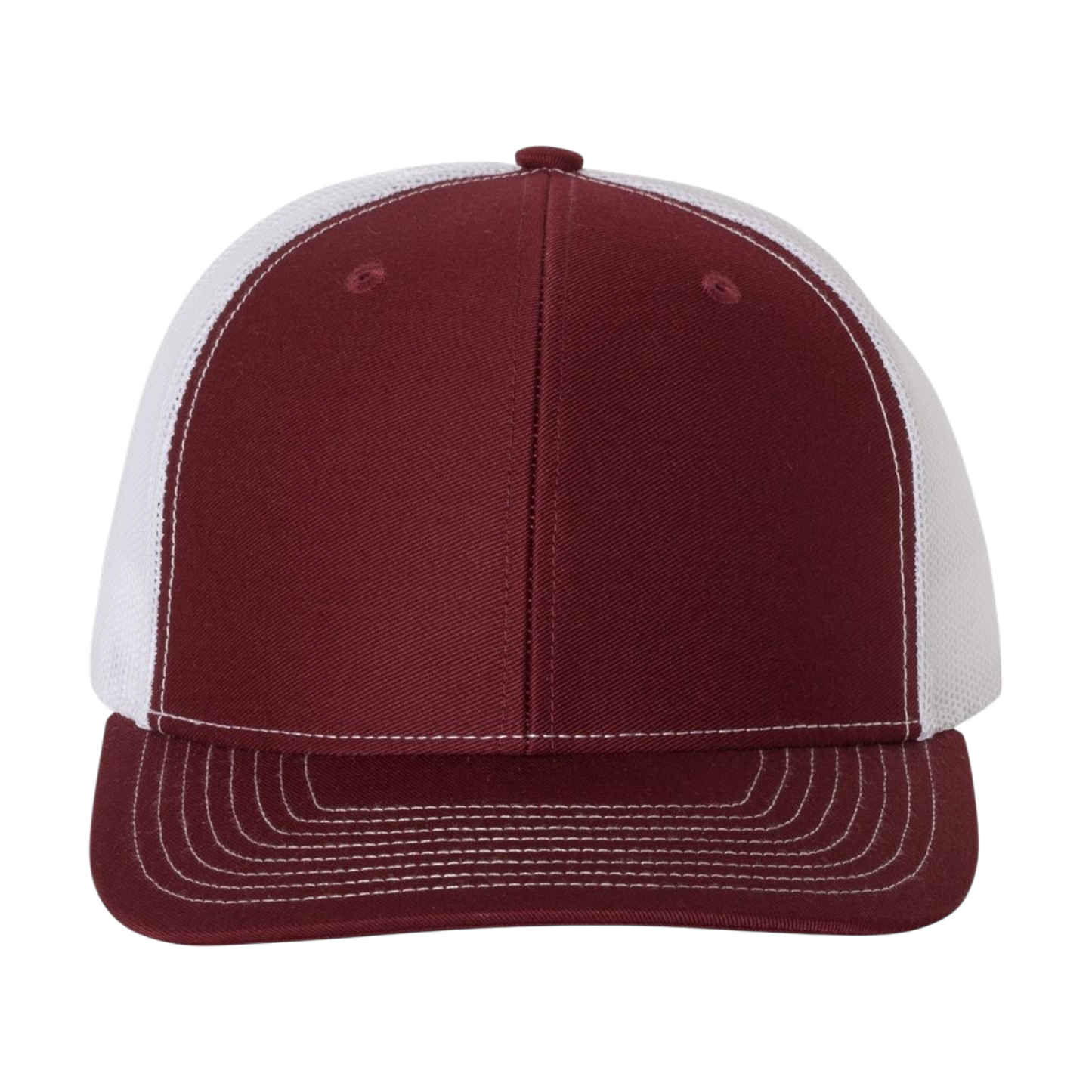 Richardson 112 Full Color Patch Trucker Cap in burgundy and white, perfect for custom branding and gifts.